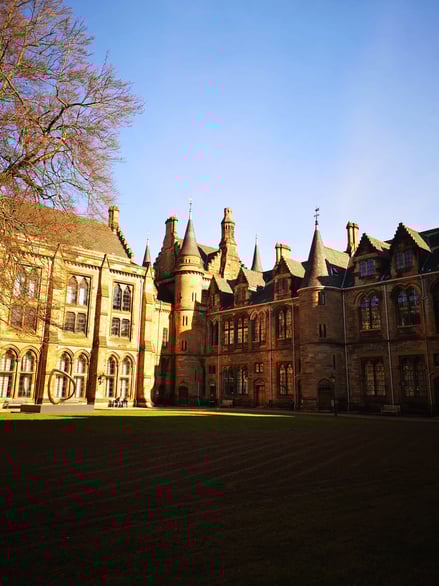 View of the University of Glasgow main quadrangle with historic buildings