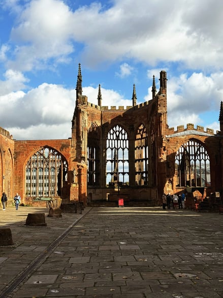 Ruins of old Coventry Cathedral with gothic architecture