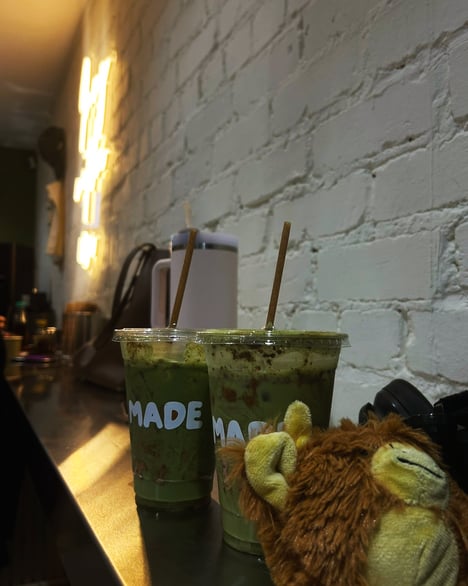 Two iced matcha drinks on a counter inside a café in Sheffield