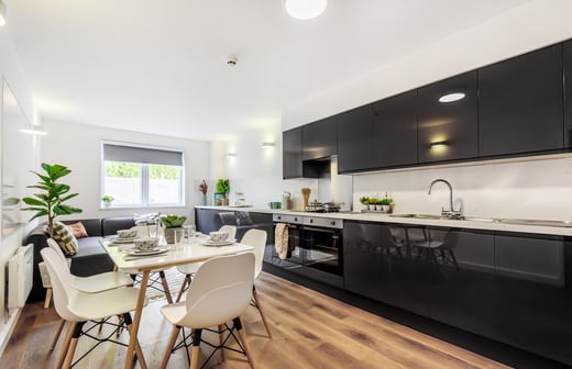 Shared kitchen and dining space
