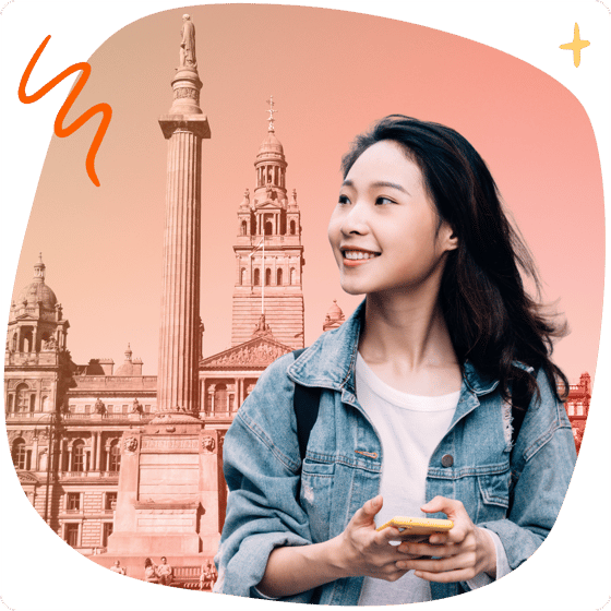 Student with phone in front of Glasgow landmarks