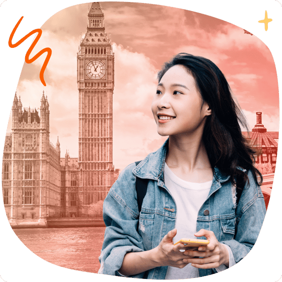 Student with phone in front of London landmarks