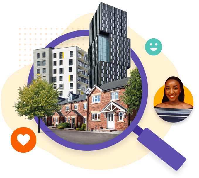 A collage with a smiling student next to a large magnifying glass circling a house, a block of flats, and a skyscraper